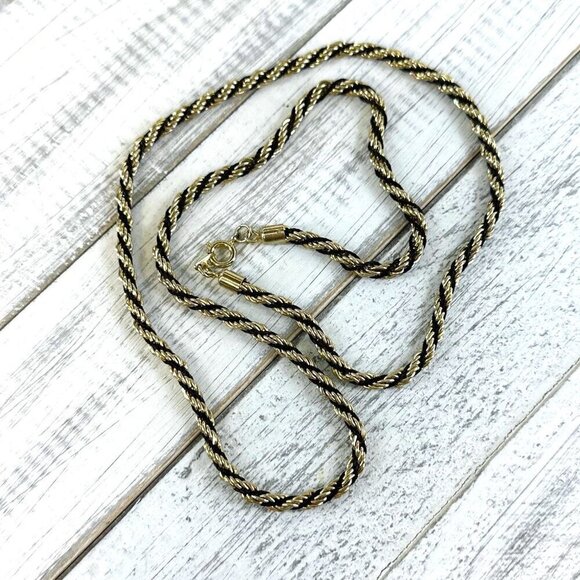 Vintage Necklace Rope Chain Gold Tone Black Spiral 24 Inch Length - Picture 2 of 2